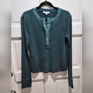 Oli & Hali Waffle Knit Henley Top Teal Size XL Raw Edge Detail NWOT